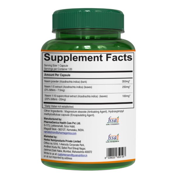 Cápsulas de Neem Pure Nutrition y hoja de neem