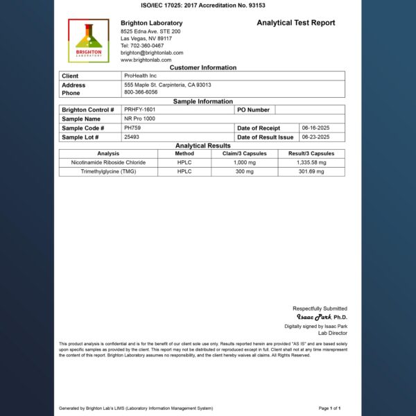 Cápsulas de Nicotinamida Ribósido 1000 mg ProHealth para salud celular