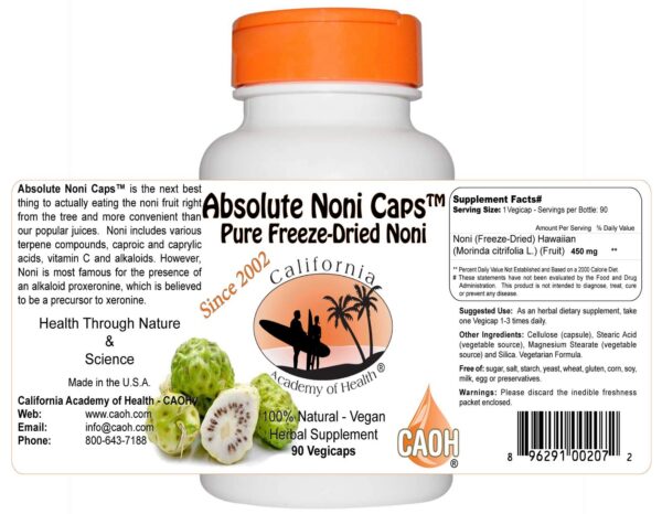 Frasco de cápsulas de noni liofilizado orgánico 90 cápsulas 450mg