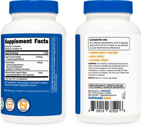 Cápsulas Nutricost 2300mg cúrcuma curcumina sin gluten