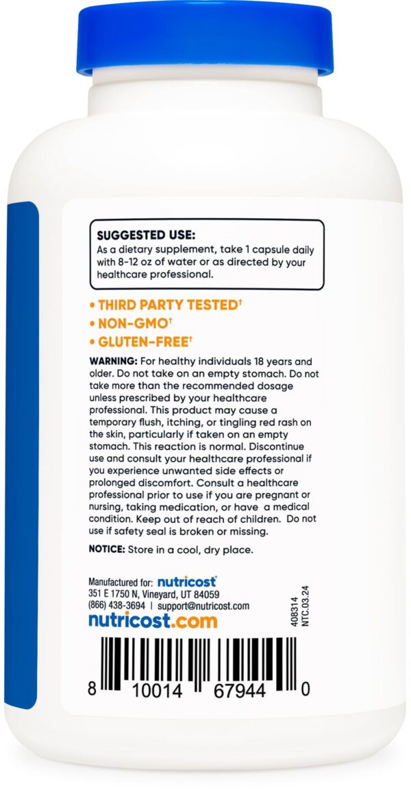 Cápsulas Nutricost niacina vitamina b3 con advertencia enrojecimiento
