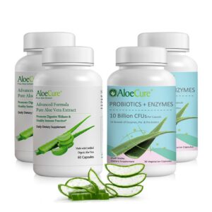 Paquete de cápsulas orgánicas de aloe vera AloeCure con probióticos y enzimas