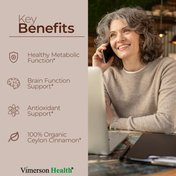 Cápsulas orgánicas de canela de ceilán Vimerson Health presentación lateral