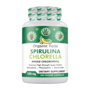Frasco de cápsulas orgánicas de espirulina y chlorella 1500mg