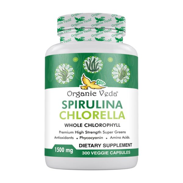 Frasco de cápsulas orgánicas de espirulina y chlorella 1500mg