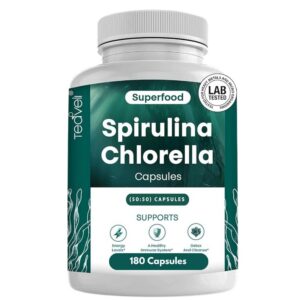 frasco de cápsulas orgánicas espirulina chlorella teaveli