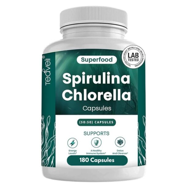 frasco de cápsulas orgánicas espirulina chlorella teaveli