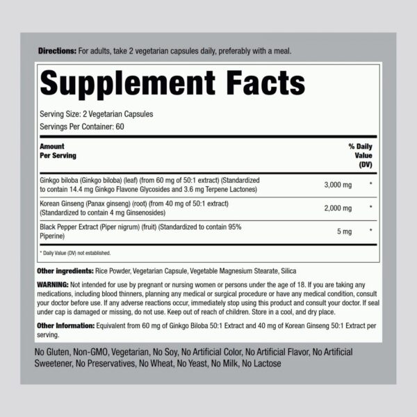 Cápsulas Panax Ginseng con Ginkgo Biloba Piping Rock