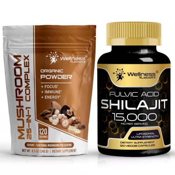 Cápsulas de polvo de hongo y shilajit del Himalaya