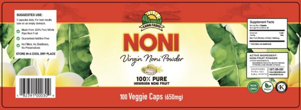 cápsulas polvo noni Kanai Farms lado del paquete