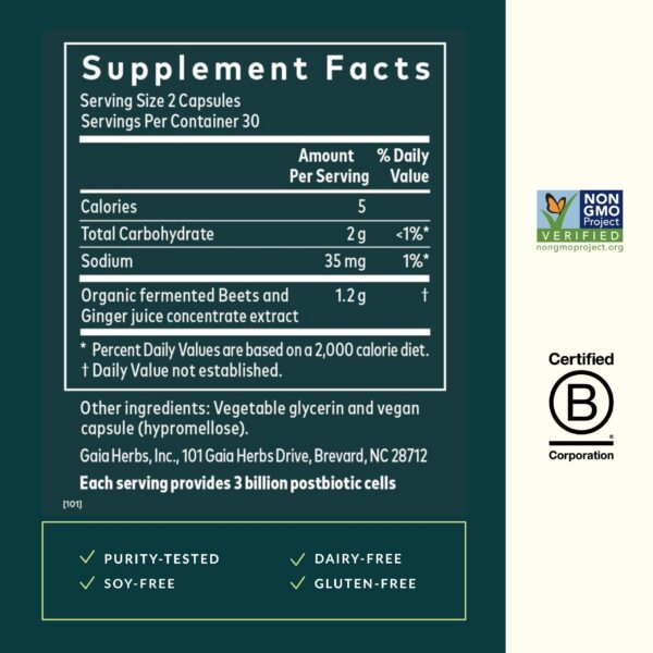 Cápsulas postbióticas Gaia Herbs con jengibre y remolacha orgánicos