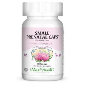 Cápsulas prenatales Maxi Health frasco con folato metilado
