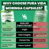 Primer plano cápsulas PURA VIDA MORINGA polvo hoja