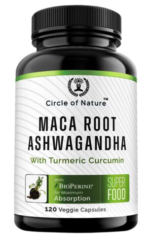 Cápsulas naturales de raíz de maca, ashwagandha, cúrcuma y bioperina