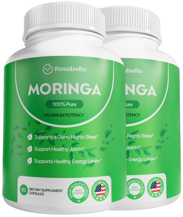 Frasco de cápsulas Rosabella Moringa para energía y salud