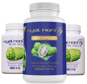 Frasco de cápsulas Royal Noni Fiji con fruta de noni orgánica