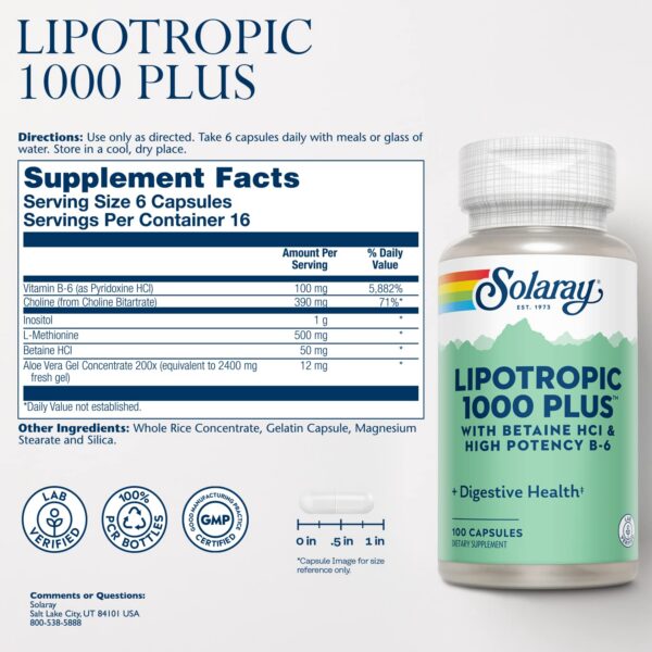 Cápsulas SOLARAY Lipotrópicas 1000 Plus con vitamina B6 y aloe vera