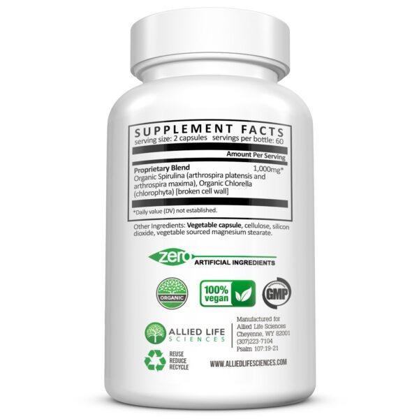 Suplemento en cápsulas verdes de Spirulina y Chlorella Allied Life