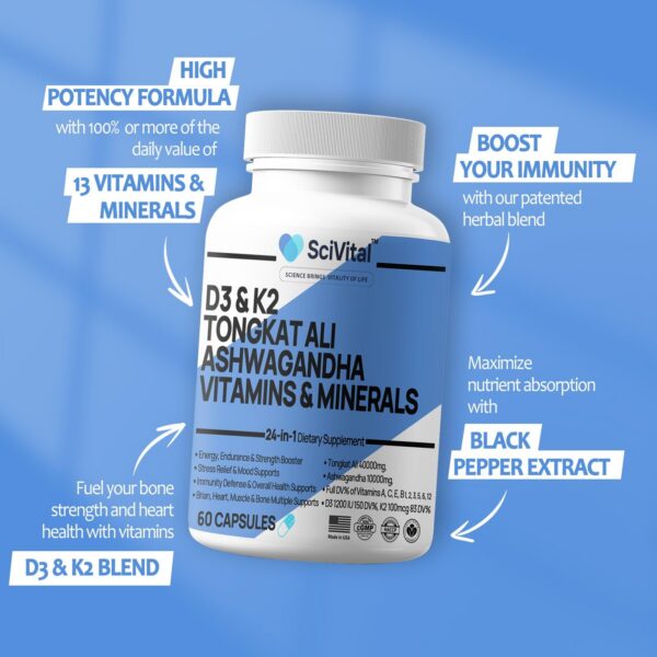 Cápsulas de suplemento Ashwagandha y Tongkat Ali para energía