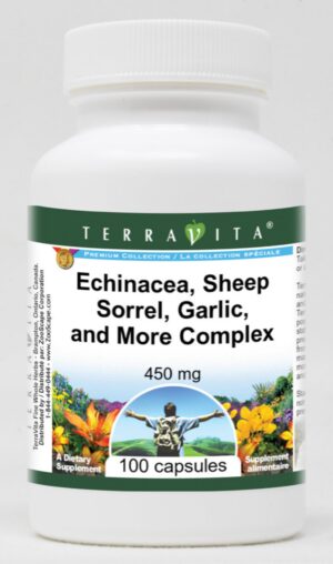 Frasco de cápsulas suplemento herbal Echinacea y ajo TerraVita