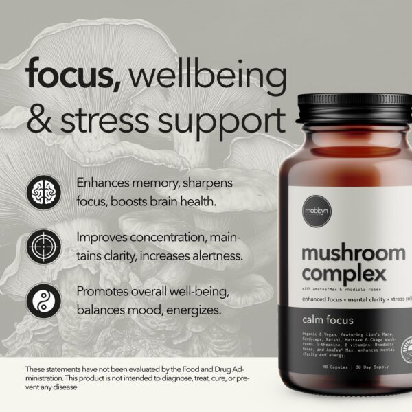 Cápsulas de suplemento de hongos orgánicos para energía y enfoque