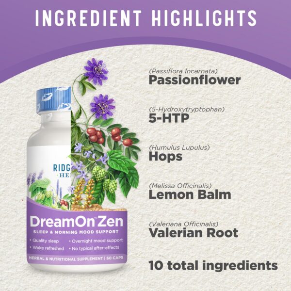 Cápsulas suplemento RidgeCrest DreamOn Zen para sueño saludable