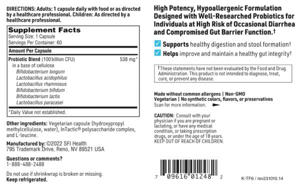 Frasco lateral del probiótico Klaire Labs Ther-Biotic Factor 6