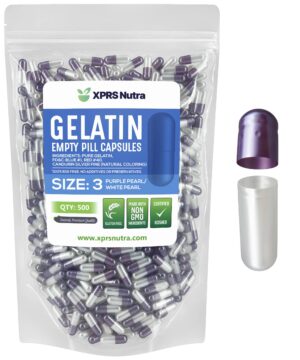 Version 1.0.0 Cápsulas vacías tamaño 3 XPRS Nutra color perla púrpura y blanco pack 500