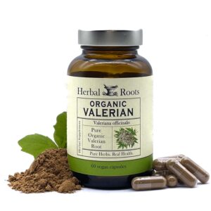 Cápsulas de valeriana orgánica Herbal Roots 900 mg bote frontal