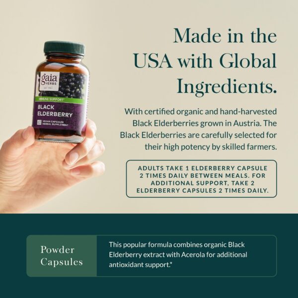 Cápsulas veganas Gaia Herbs Sauco Negro vistas de cerca