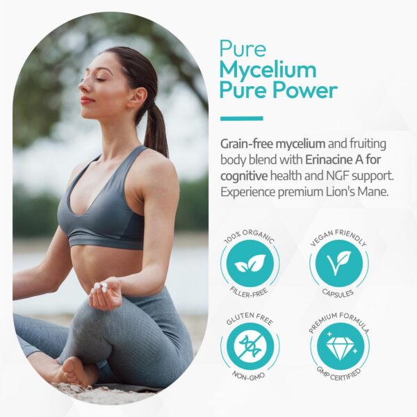Cápsulas veganas Lion’s Mane 01 con micelio puro y fruta de melena de león