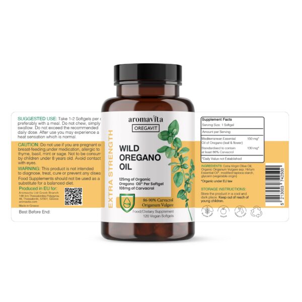 Cápsulas veganas de orégano silvestre orgánico aromavita 125mg carvacrol
