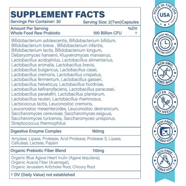 Cápsulas veganas probióticos con enzimas y prebióticos
