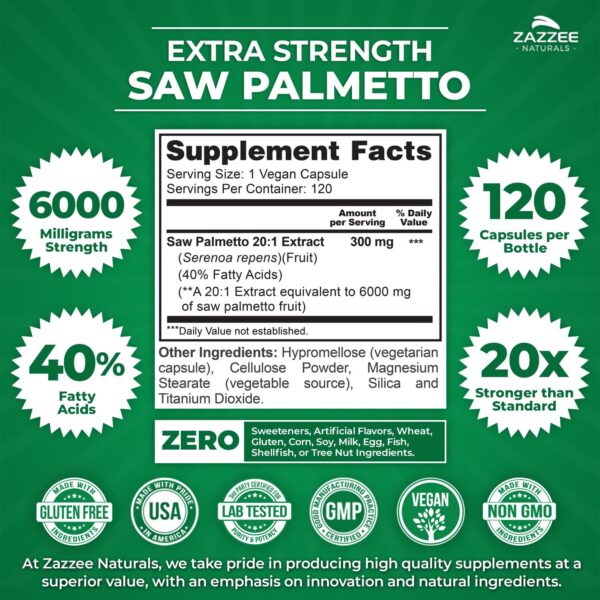 Version 1.0.0 Cápsulas veganas Saw Palmetto Zazzee 20:1 fuerza extra