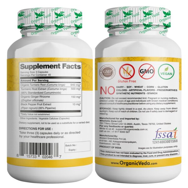 Cápsulas vegetales de cúrcuma y jengibre para apoyo articular