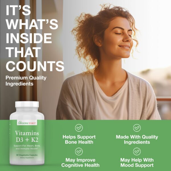 Cápsulas vegetales Greens First vitaminas D3 K2 natural