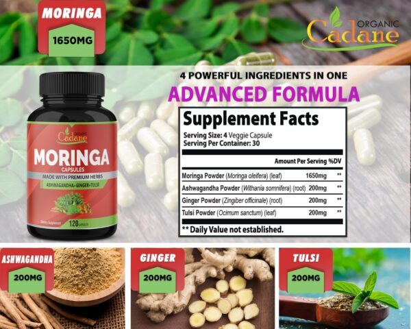Cápsulas vegetales naturales de moringa, ashwagandha, jengibre y tulsi