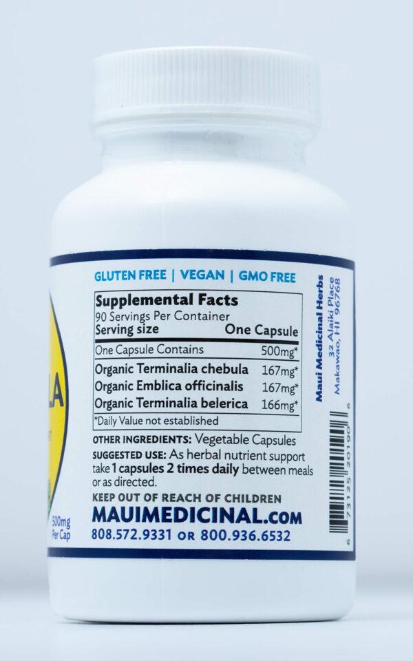 Cápsulas vegetales Triphala 500mg fórmula herbal ayurveda