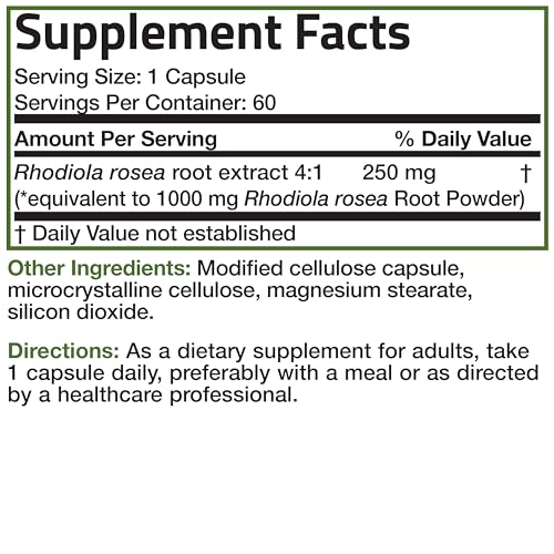 Cápsulas vegetarianas Bronson Rhodiola Rosea y caja
