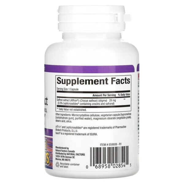 Cápsulas vegetarianas de extracto azafrán Natural Factors
