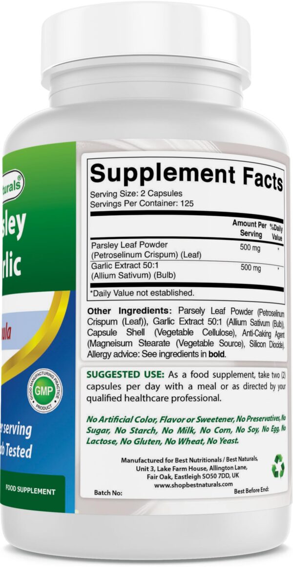 Cápsulas vegetarianas perejil y ajo con etiqueta sin gluten Best Naturals
