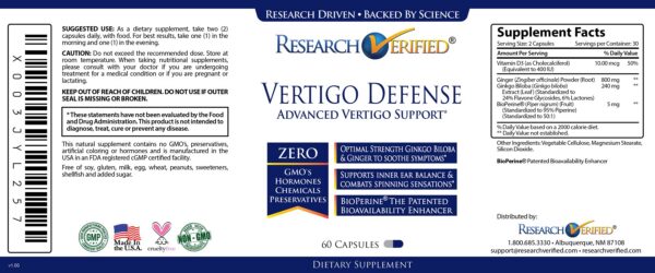 Cápsulas Research Verified Vertigo Defense sobre fondo blanco