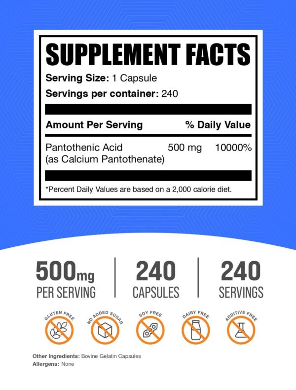 Cápsulas vitamina B5 BulkSupplements paquete suplemento ácido pantoténico