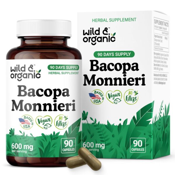 Version 1.0.0 Frasco de cápsulas Wild & Organic Bacopa Monnieri 600 mg para cerebro