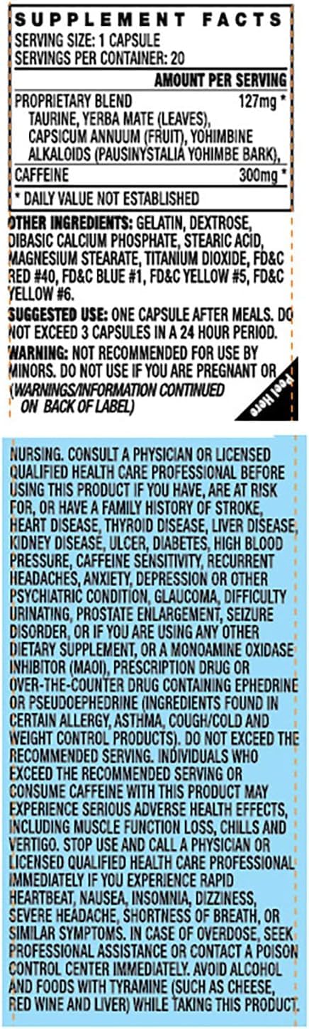 Cápsulas Yellow Hornet combinación potente Yohimbe Yerba Mate Capsaicina