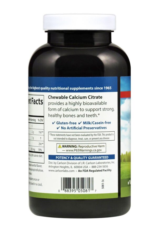 Presentacion Carlson Calcium Citrate 250 mg vainilla