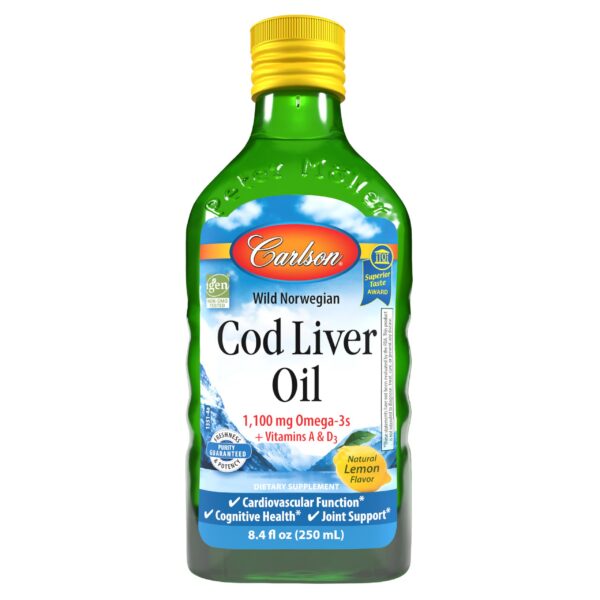 Botella Carlson Cod Liver Oil con etiqueta limón