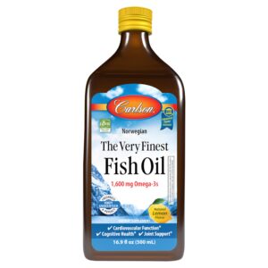 Frasco de Carlson Fish Oil con etiqueta limón
