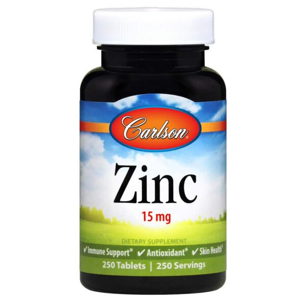 Frente del envase Carlson Zinc 15 mg 250 tabletas