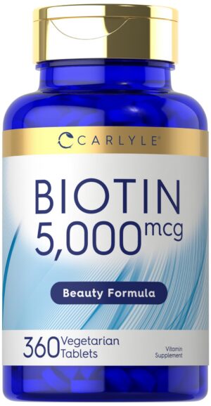 Frente del envase Carlyle Biotin 5000mcg 360 tabletas